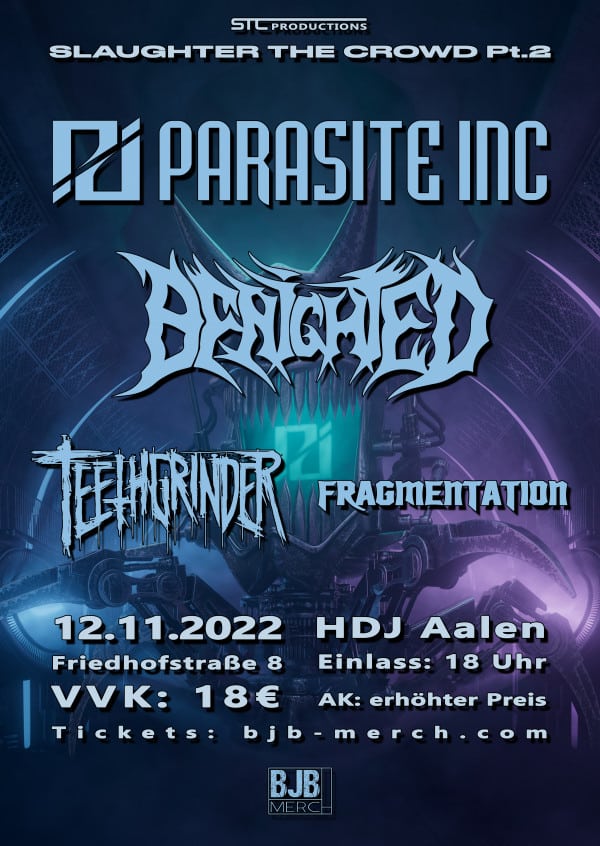 Slaughter The Crowd 2022 Pt. 2 at Saturday, 12.11.2022, with Parasite Inc., Benighted, Teethgrinder and Fragmentation at Haus der Jugend Aalen